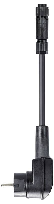 A black electrical cable with an angled plug and a straight plug at its ends, isolated on a white background.