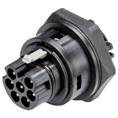 A black, round, multi-pin connector with multiple holes and a plastic housing.