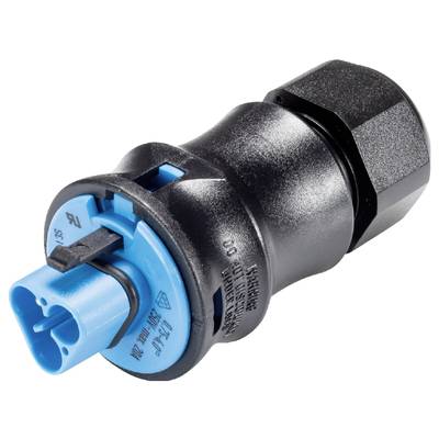A black and blue plastic connector with a locking mechanism, possibly for electrical or technical applications.