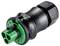 Black electrical connector with green insert, suitable for electrical connections in industrial applications.