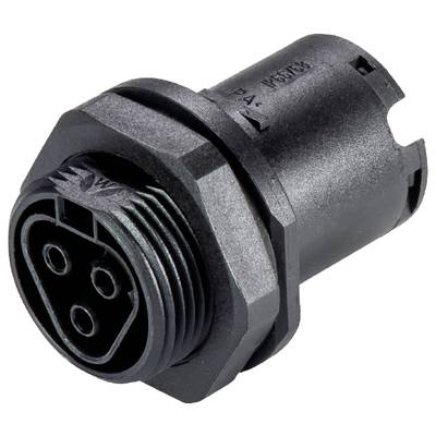 Black, cylindrical connector with three terminals, typically used for industrial or electronic applications.