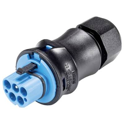 A black and blue electrical connector with a round multi-pin plug, suitable for industrial applications.