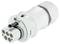A white electrical plug with multiple pins and a locking mechanism, used in industrial applications.