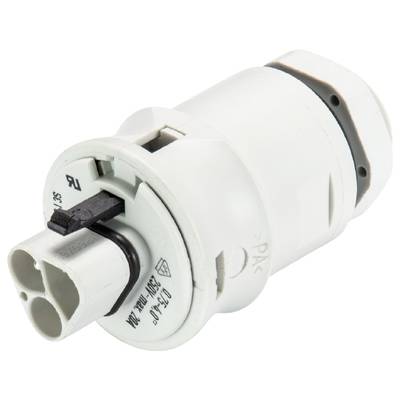 A white cylindrical plug with two terminals and a black locking mechanism, used for electrical connections.