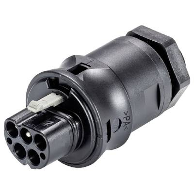 A round black electrical connector with multiple sockets and a white locking mechanism.