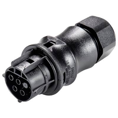 Black, cylindrical plastic plug with multiple contacts arranged in a circular configuration.