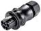 Black electric plug with multiple round connectors and a safety clip, suitable for industrial applications.