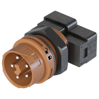 An electrical plug with multiple pins and an orange housing. It is designed for industrial connections.