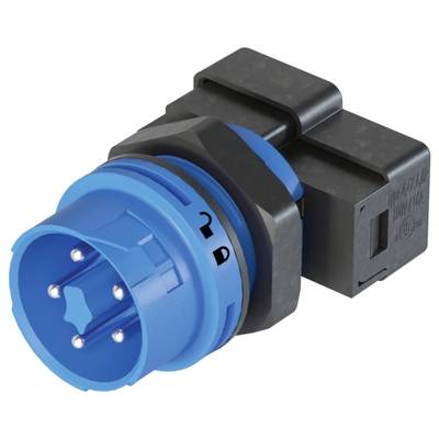 A blue, cylindrical electrical plug with multiple metal pins, mounted on a black rectangular base.