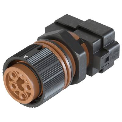 A black, cylindrical electrical connector with an orange inner section and multiple connection points, viewed from the side.