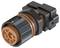 A black, cylindrical electrical connector with an orange inner section and multiple connection points, viewed from the side.