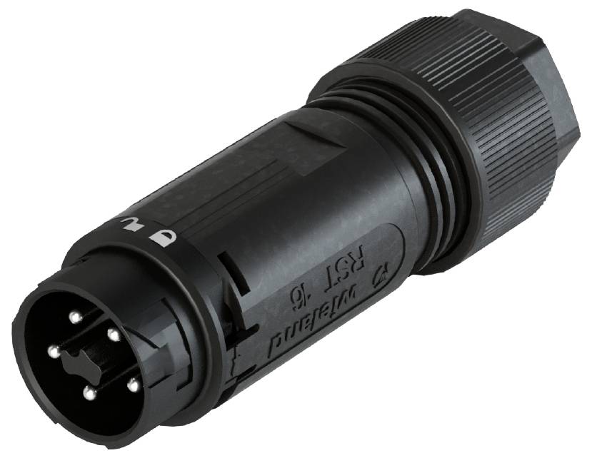 'Black cylindrical electrical plug with multiple metal pins on one side, housing with ribbed grip area.'
