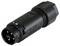 Black 3-pin plug with screw-type housing, robust design for electronic connections.