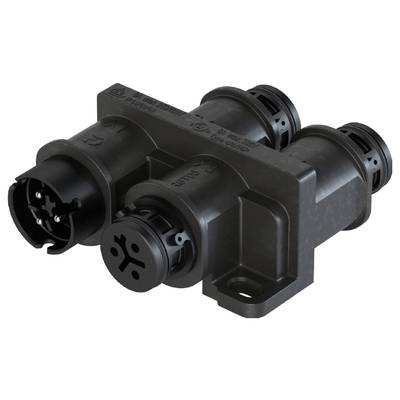 Black electrical plug with two round, multi-pin connectors, suitable for industrial applications.
