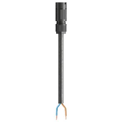 A black electric plug with two protruding wires, one blue and one brown. The plug is elongated.