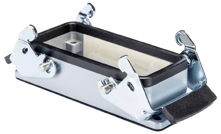 A rectangular metal frame with black rubber edges and side metal clips, likely an electrical connector.