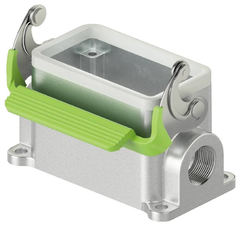 Metal electrical connector housing with green plastic levers and screw mounting points at the base.