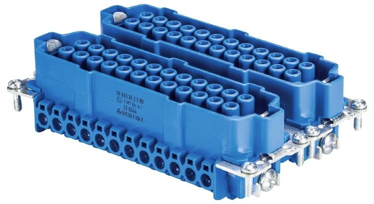 A blue electrical connector with multiple pins, suitable for industrial applications and complex connections.