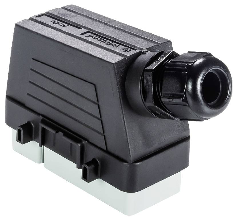 Black electrical connection device with a rectangular shape and cable connection; technical component for industrial applications.