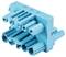 A light blue, modular plug connector with multiple sockets, used for industrial electrical applications.