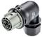 Black and grey electrical plug with four pins, suitable for technical applications and connections. External view shows round shape.
