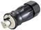 Electric plug adapter in black and beige. Oval design with socket connections at one end.