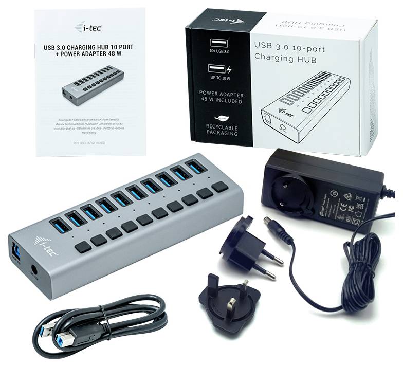 A USB 3.0 hub with 10 charging ports, power supply, mains cable, two plug adapters and an instruction manual.