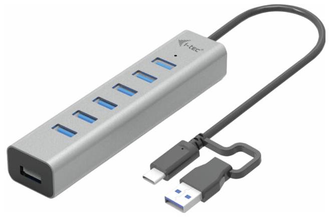 USB hub with seven ports, consisting of a silver casing and two cables (USB-C and USB-A) for connection.