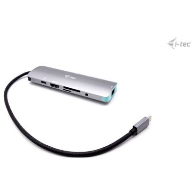 Silver USB-C docking station with multiple ports, including HDMI, USB, and SD card slots; suitable for laptops.