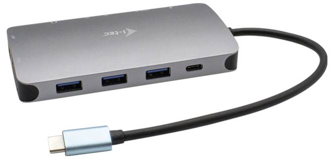 A USB-C hub with three USB-A ports and one USB-C port, connected with a short cable featuring a USB-C plug.