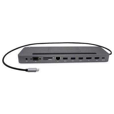 A USB-C docking station with various ports: HDMI, Ethernet, USB-A, USB-C, Audio and DisplayPort.