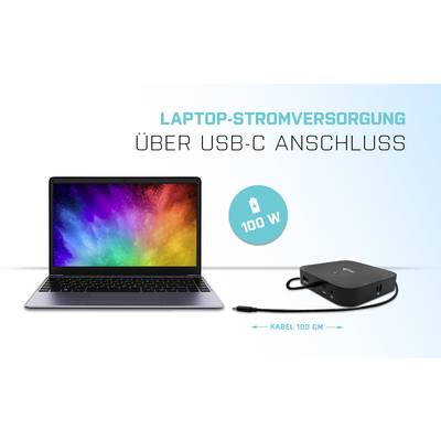 Laptops with colourful display and a USB-C charger, 100W power. Text: 'Laptop power supply via USB-C port'. Cable 100 cm.