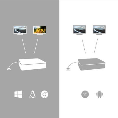 'A device connects two monitors with different operating systems: Windows, Linux, Chrome on the left side; macOS, Android on the right.'