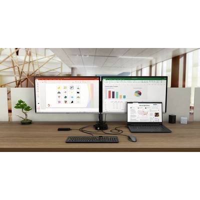Two screens and a laptop on a desk. On the left is a presentation software, on the right a spreadsheet and online news.