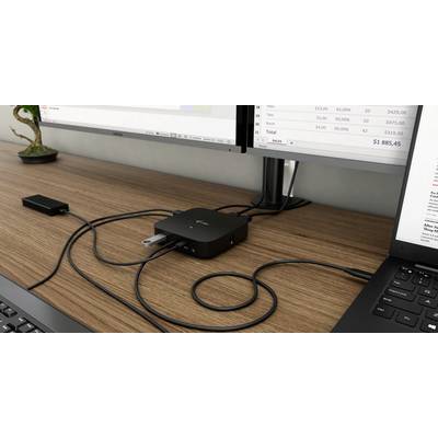 A desk with two monitors, beneath which sits a small bonsai. A computer dock rests on the surface, connected to a laptop and a USB stick.