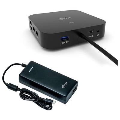 Pictured is a black USB docking station with multiple ports, including USB 3.0 and USB-C, along with a compatible power adapter.