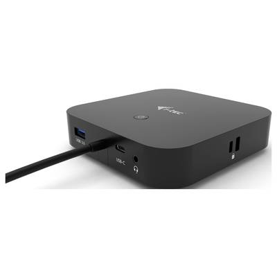A rectangular, black electronic device with USB-A and USB-C ports, a headphone socket, and a padlock symbol on the side.
