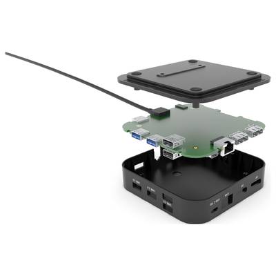 Exploded view of a computer case with the cover lifted. Visible green motherboard with various connectors.