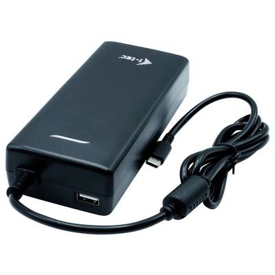 Black, rectangular power supply with USB and USB-C ports, cable coiled. Suitable for laptops and other devices.