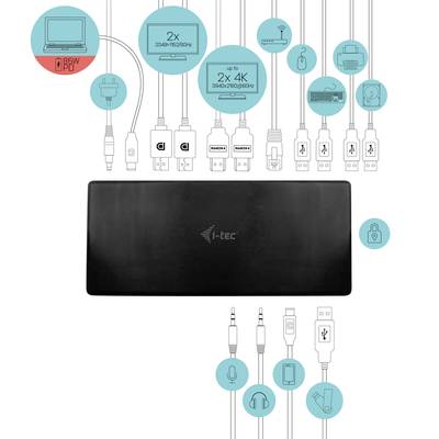 'Diagram of a docking station with connections for 2x 4K displays, 6 USBs, Ethernet, Audio and SD cards. Central black unit.'