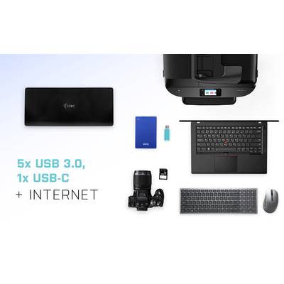 Laptop, mouse, keyboard, camera, printer and USB hub depicted. Text: '5x USB 3.0, 1x USB-C + INTERNET'. Connections illustrated.