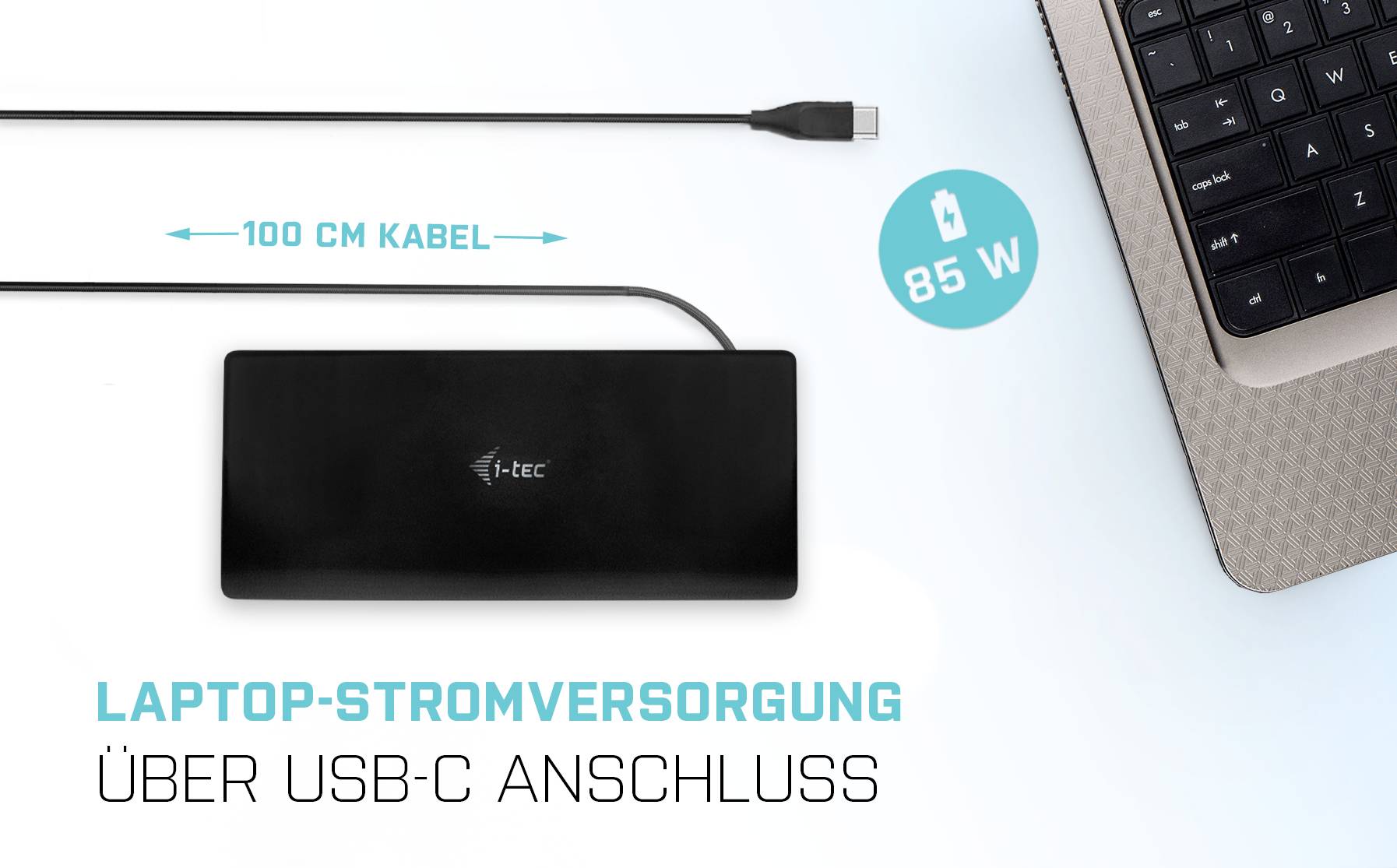 Laptop charger with 100 cm cable and 85 W power via USB-C connection on a light grey background.