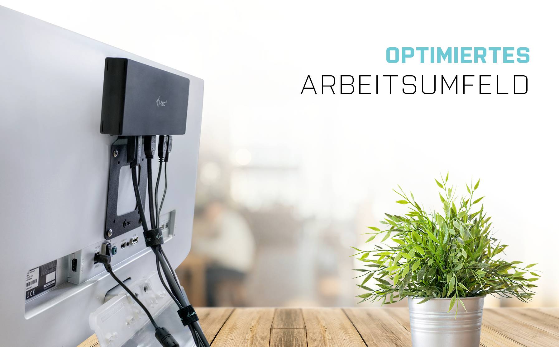 'Optimised Workspace': Monitor mount with cables at the back of a screen; next to a pot with a green plant.