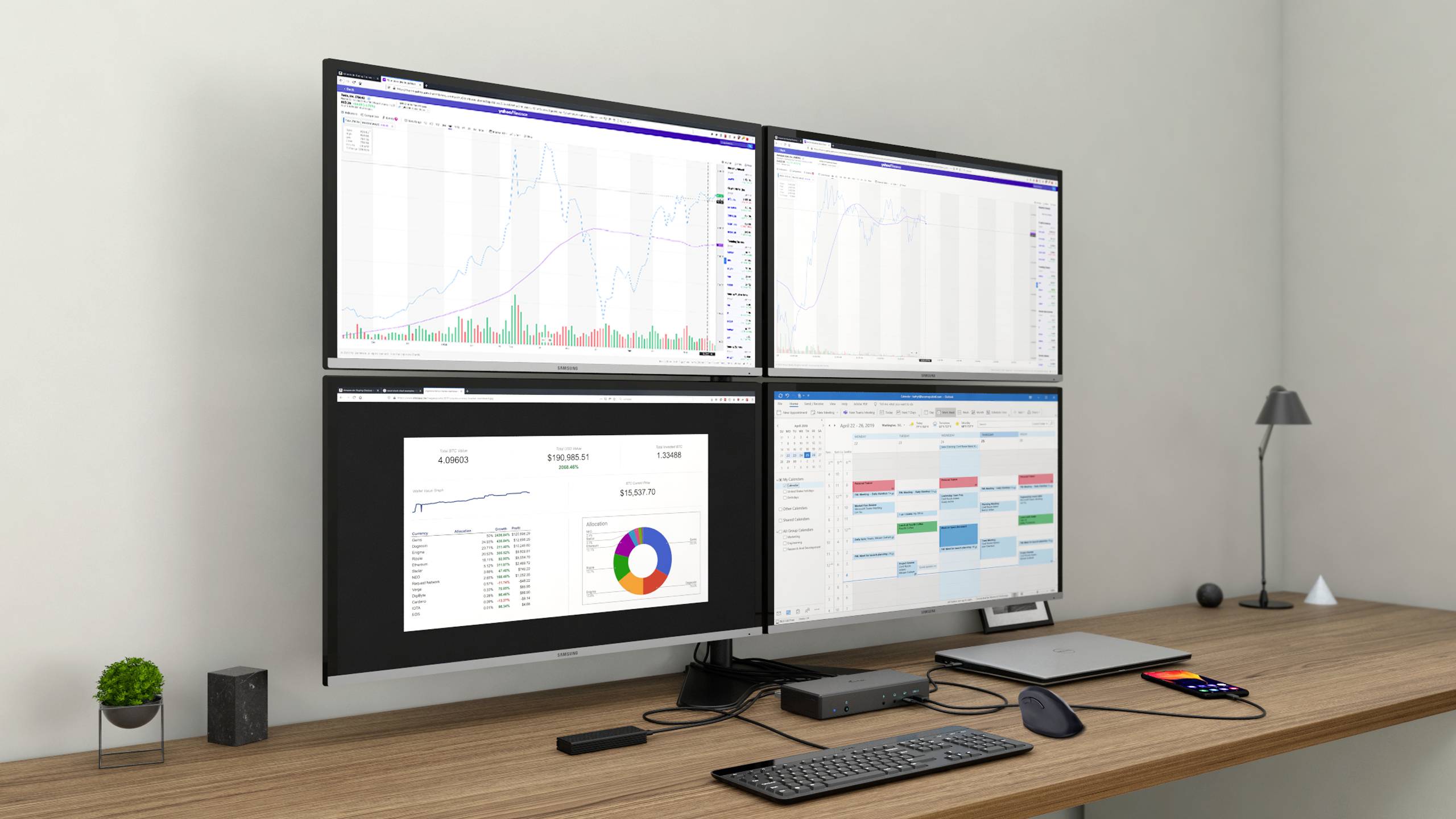 Four monitors on a desk display diagrams, financial data and a calendar. A keyboard and mouse are positioned underneath.