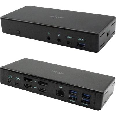 'Black docking station with various ports: USB-C, USB 3.0, HDMI, LAN and audio ports, front and back views shown.'