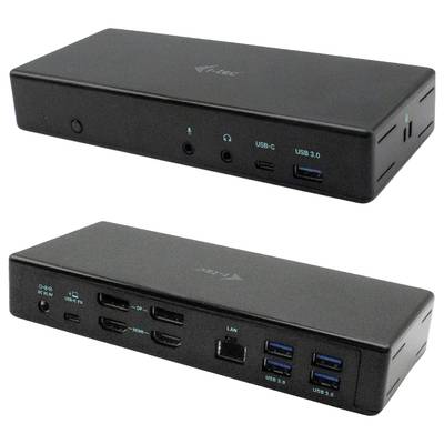 Black docking station with multiple ports, including USB-C, USB 3.0, HDMI, LAN and audio. Primary device for connecting peripheral equipment.