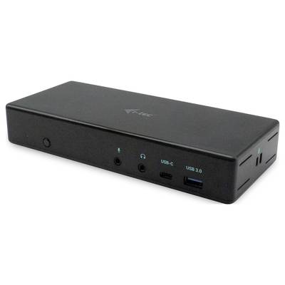 A black docking station with ports: USB-C, USB 3.0 and headphone socket. It is used for connecting multiple devices.