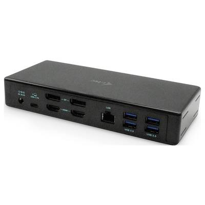 A black, rectangular docking station with connections: HDMI, DisplayPort, LAN, USB-C and multiple USB 3.0 ports for computers.