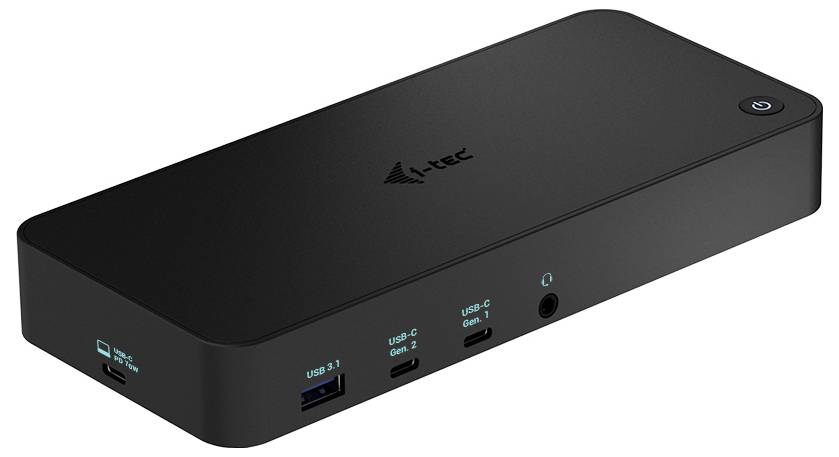 Black docking station with multiple USB ports, USB-C and audio output. Power switch located in the top right corner.