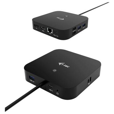 A black USB-C docking station with multiple ports, including USB, HDMI, Ethernet and audio socket, demonstrates enhanced connectivity.